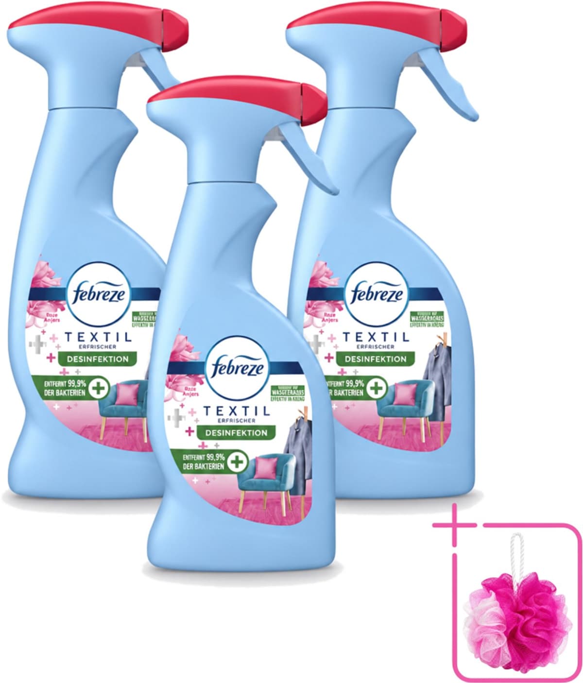 3 x Febreze – Textielspray – Roze Anjers – 375 ml - Bulkverpakking - Textielgeur - Douchemop - Textielverzorging — afbeelding 1