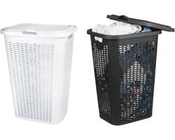 Wasmand Ventilation - met deksel - 2x stuks - zwart en wit - 50 liter - 61 x 43 cm