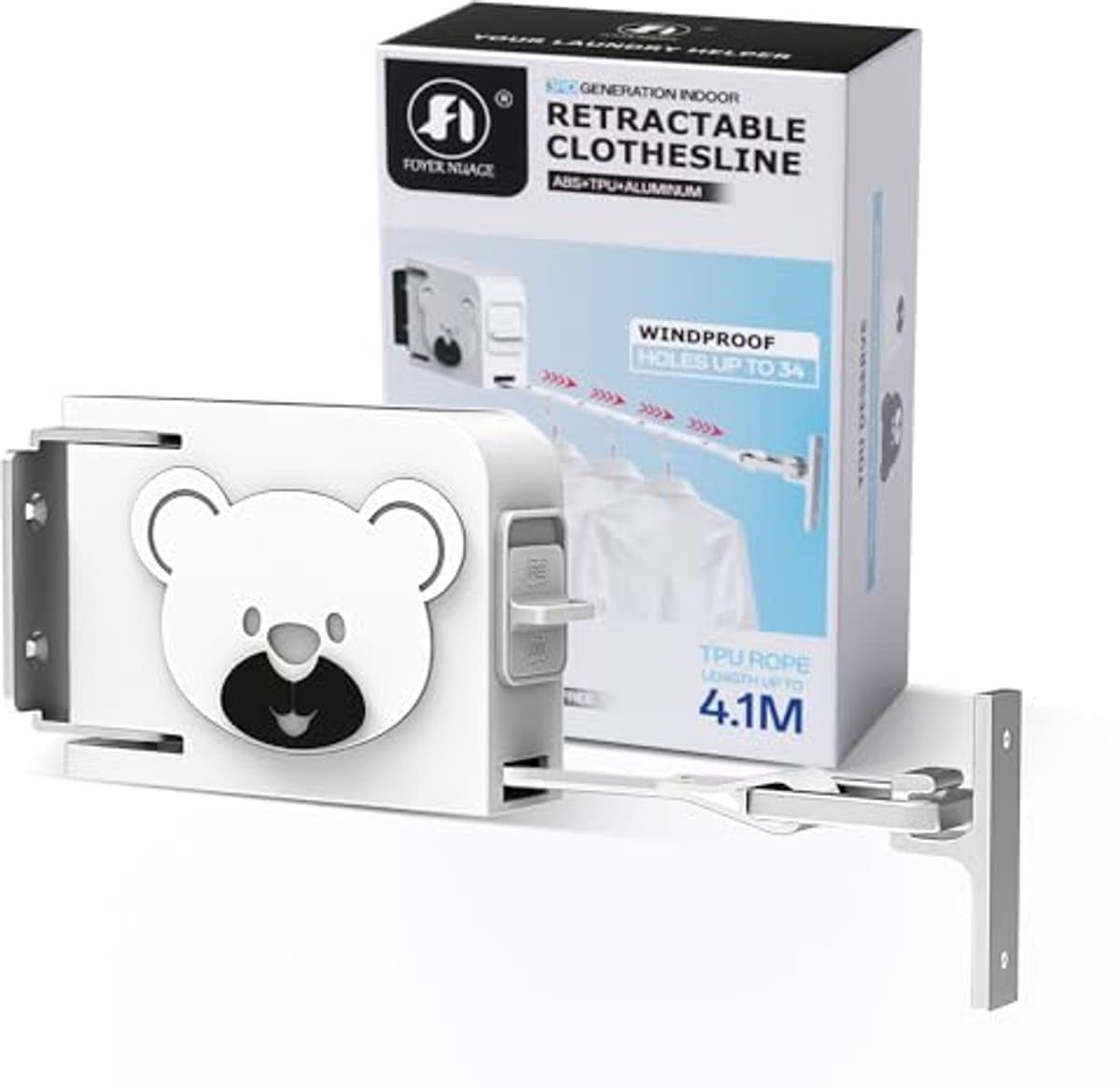 Wandgemonteerde intrekbare waslijn, 4,1 m lange uitschuifbare waslijn voor binnen en buiten, ABS+TPU+ALUMINIUM materiaal - wit — afbeelding 1