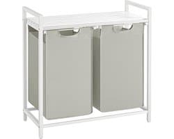 Wasmand 2 compartimenten, wasmand met plank, waskast, oxford stof verwijderbaar metalen frame, 2 x 46 l, 73 x 33 x 72 cm, wit