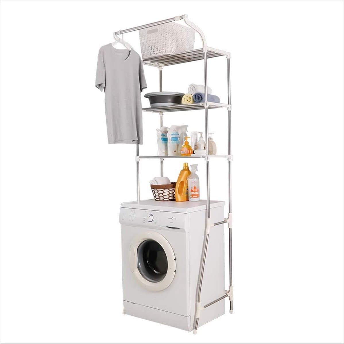 Wasruimte plank voor toilet en wasmachine - verstelbare badkamer organizer met kleding ophangmogelijkheid - ivoor Wasmachine rek — afbeelding 1