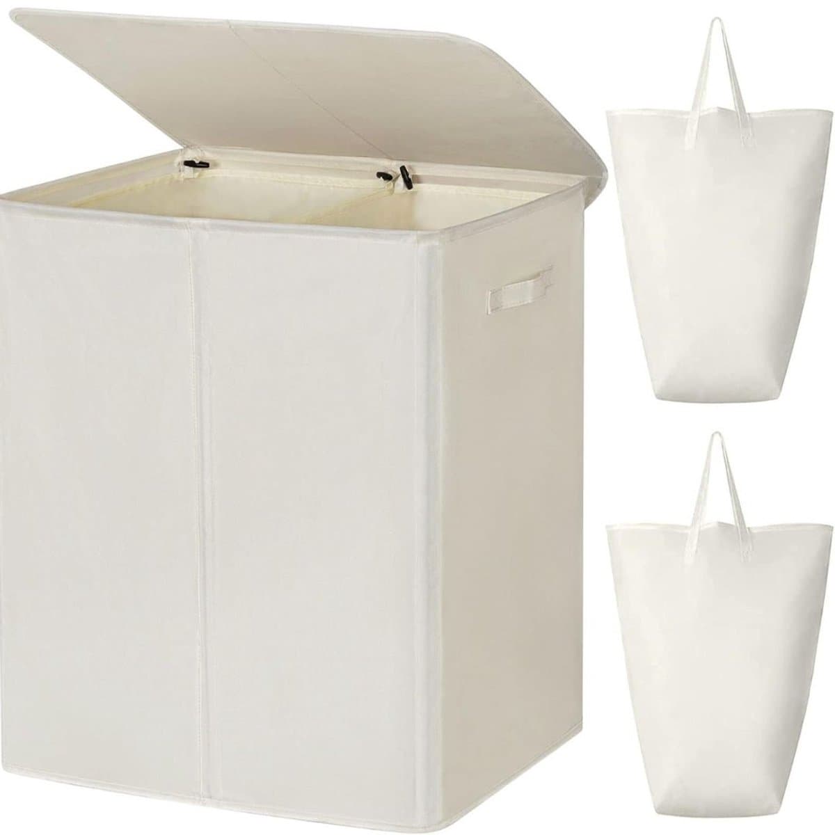 KIRA® Wasmand - Wasmand 2 Vakken - Wasmand Met Deksel - Wit - 63cm x 37cm x 69cm — afbeelding 1