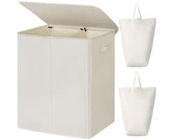 KIRA® Wasmand - Wasmand 2 Vakken - Wasmand Met Deksel - Wit - 63cm x 37cm x 69cm