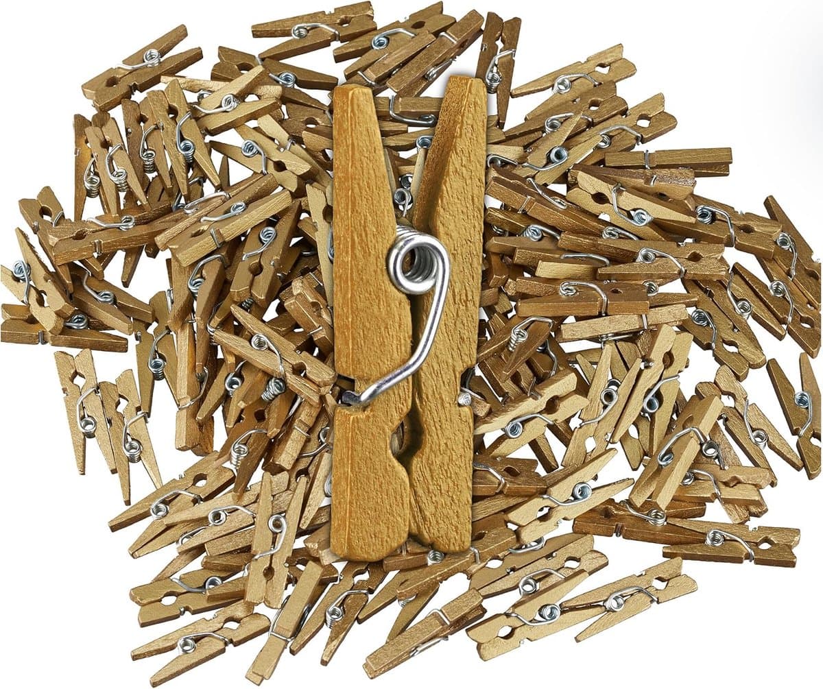 Wasknijpers, set van 400, houten knijpers, foto's ophangen, cadeaus inpakken, knutselen, goud — afbeelding 1