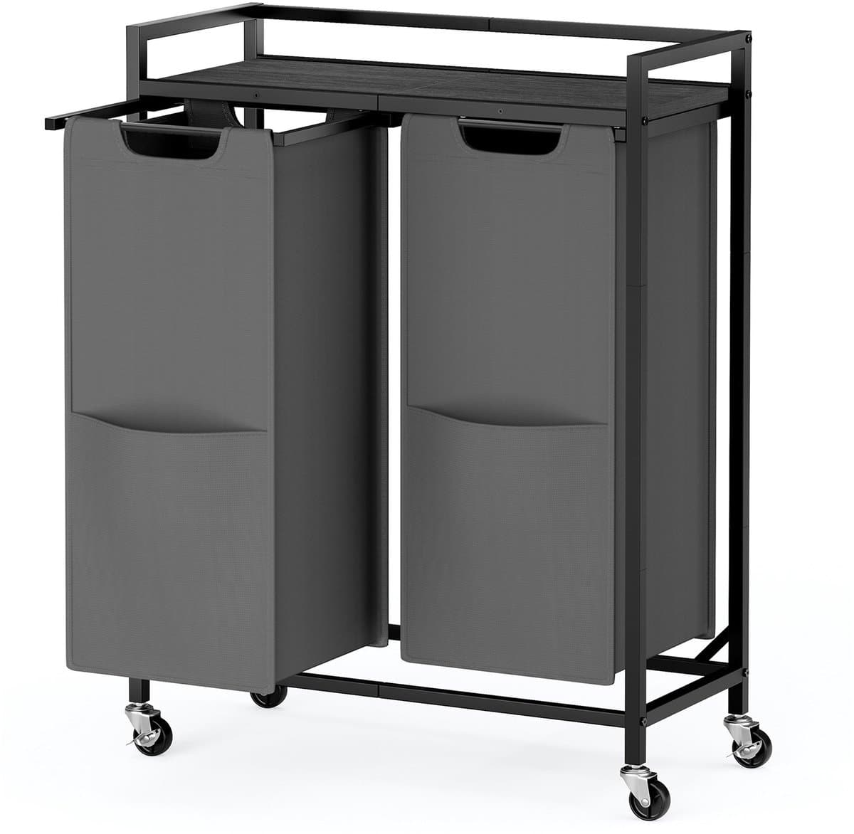 Wasmand met 2 compartimenten - Rolwagen met plank en vakken - Wasmand voor huishoudelijk gebruik - 63 x 32 x 93 cm - Zwartgrijs — afbeelding 1