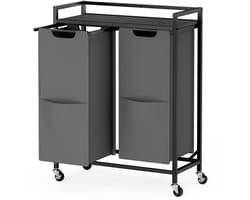 Wasmand met 2 compartimenten - Rolwagen met plank en vakken - Wasmand voor huishoudelijk gebruik - 63 x 32 x 93 cm - Zwartgrijs