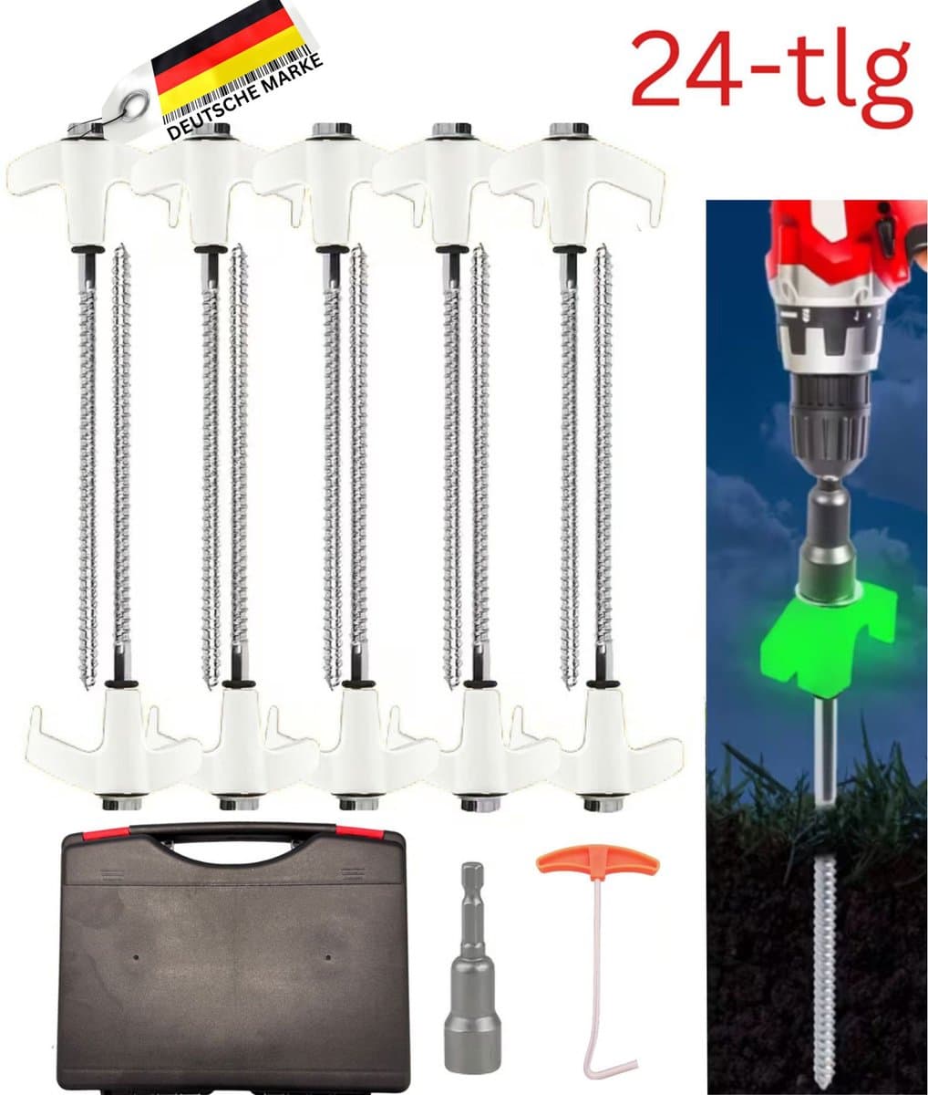 FAMEX 24-delige Schroefharing Set 20 cm, ichtgevende met Booradapter, Uithaak en Opbergbox, Tentharingen voor Camping — afbeelding 1