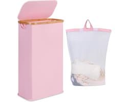 iEGrow Wasmand 75 liter met wasbare en afneembare binnenzak, smalle wasmand voor het opbergen van kleding, speelgoed, handdoeken (roze)