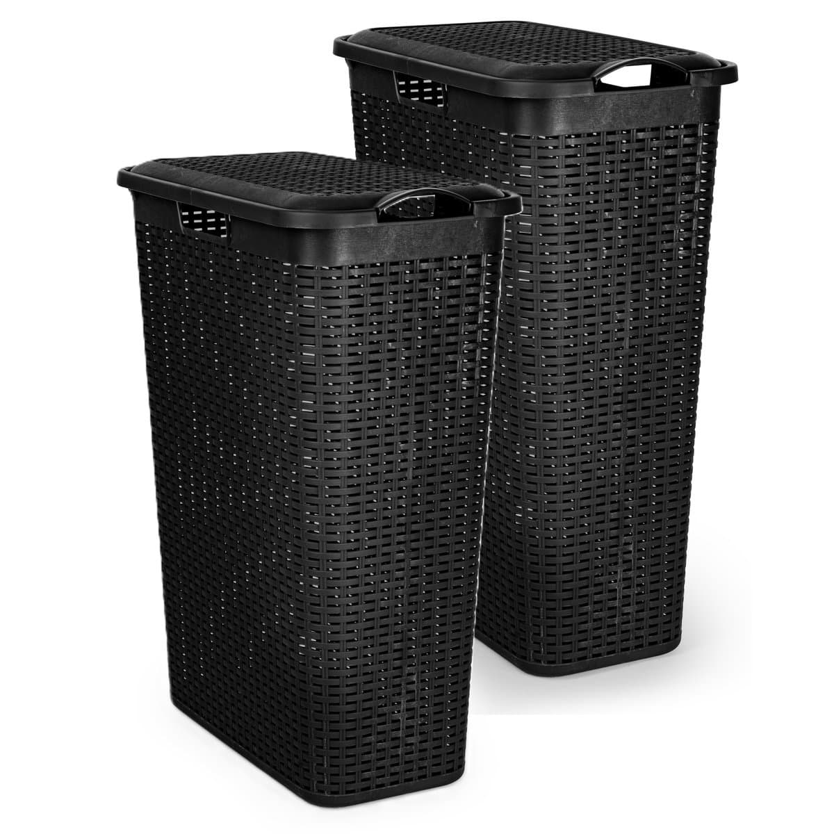 Plasticforte Smalle Wasmand met deksel Rotan - 2x - zwart - gevlochten kunststof - 48 liter - 27 x 46 x 60 cm — afbeelding 1