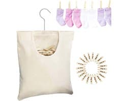Waslijn Klemmenzak - Opberghoes - Kleding Ophangen - Met Draaibare Haak - 32x27cm - Beige