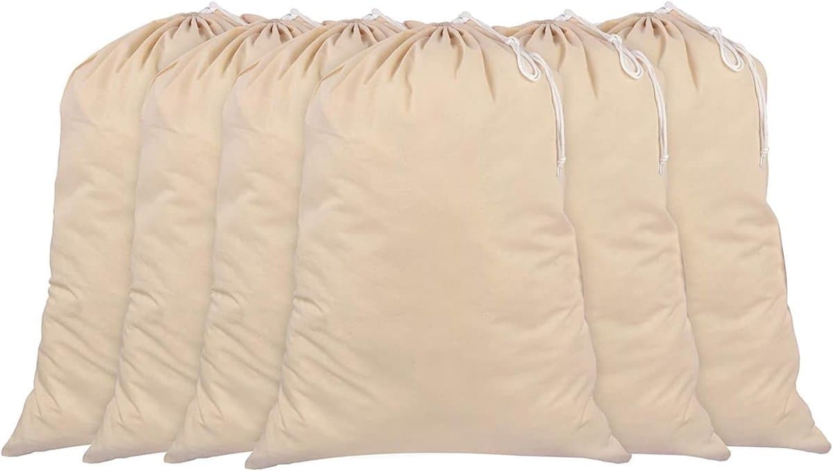 SnelShoppen - Set van 6 Extra Grote Katoenen Waszakken - 100% Katoen, 71 CM x 91 CM, Naturkleur, Duurzaam met Trekkoord en Cord Lock, Machinewasbaar v — afbeelding 1