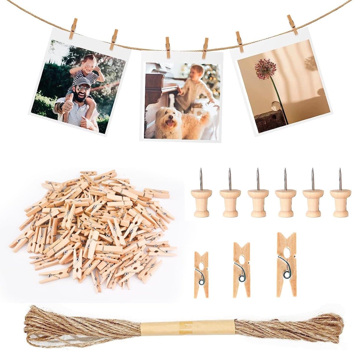 Allecto - 160 Stuks Houten Wasknijpers - Creatief Ophangen - Natuur Clips - Jute Touw en Spijkers - Decoratie voor Foto's - Geschikt voor Knutselen — afbeelding 1