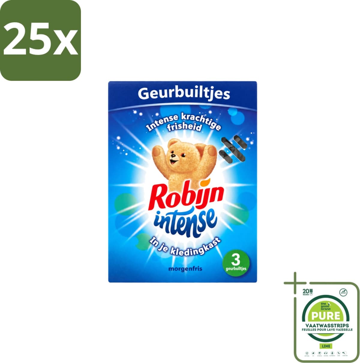 25 x Robijn - Intense - Geurbuiltjes - Langdurige Geur - Intense Frisheid - 3 Geurbuiltjes - Grootverpakking - Vaatwasstrips - Geur In Kleding - Frisheid Kleding - Geur In Tas - Geur In Koffer - Geur In Auto — afbeelding 1