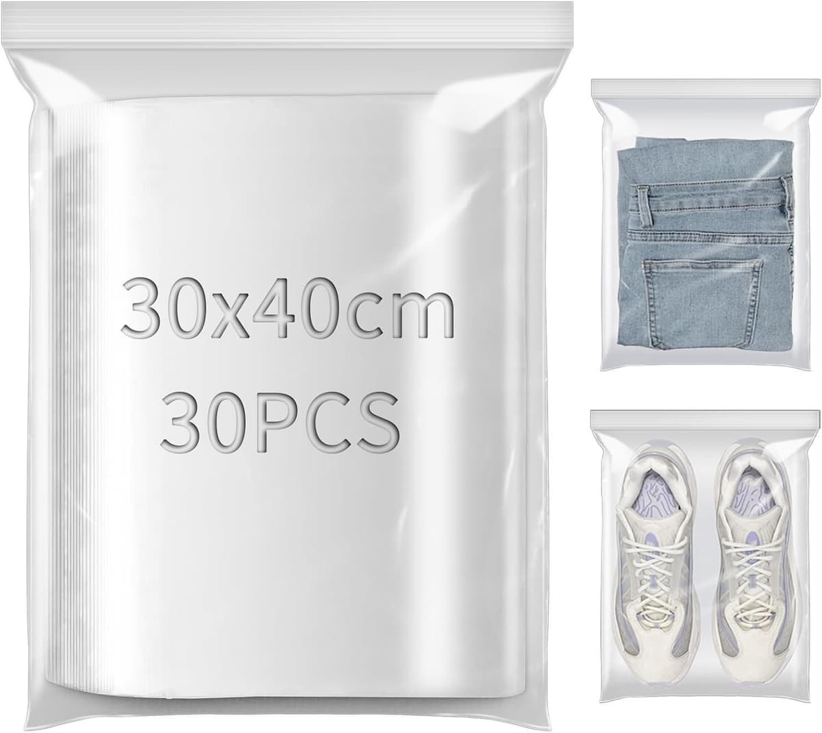 Hersluitbare Doorzichtige Plastic Zakken - Transparant - 30 x 40 cm - 30 Stuks - Voor Opslag van Kleding, Voedsel en Kantoorbenodigdheden — afbeelding 1