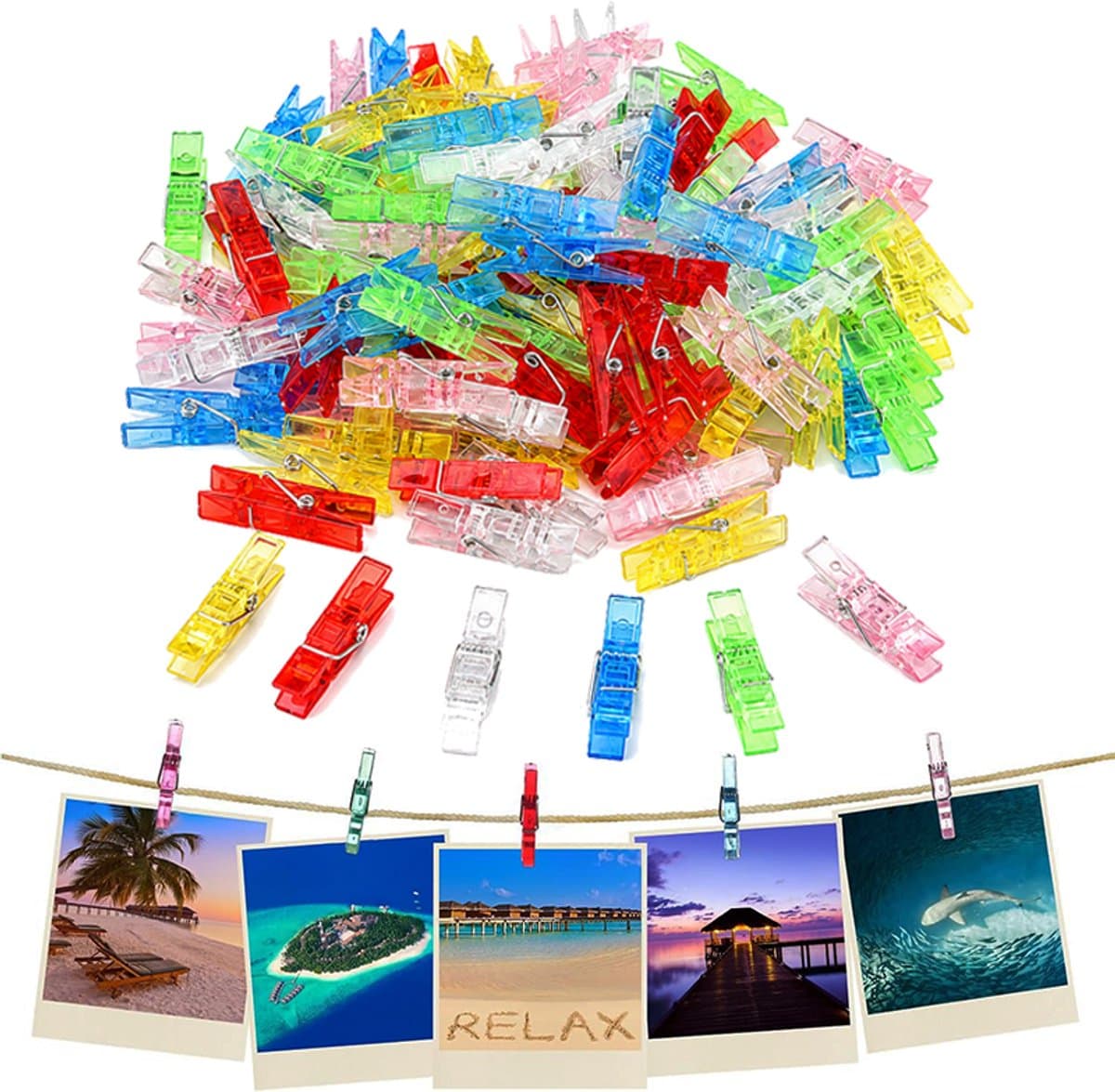 150 mini wasknijpers, transparant, herbruikbaar, kleine plastic wasknijpers, gekleurde fotoclips met metalen veer voor het ophangen van foto's, knutselprojecten, feestjes, bruiloftsdecoratie, 3,5 x 0,7 cm — afbeelding 1
