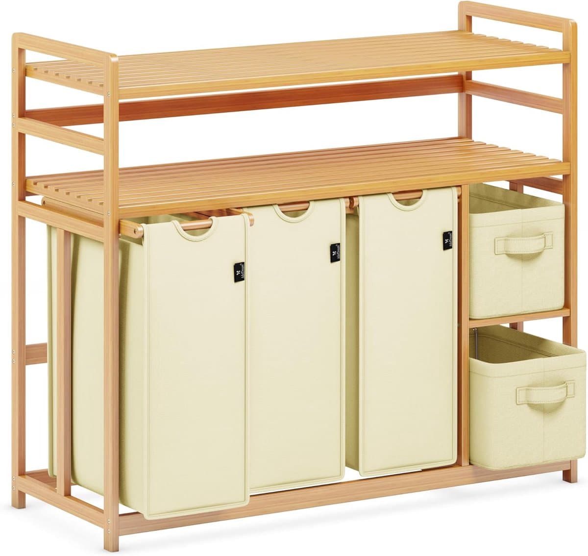 DREAM Wasmand met 5 vakken, 2 planken, wasverzamelaar, 190 liter, wasboxen met mand, wassorteerder met 3 waszakken en 2 stoffen boxen, waszak, bamboe, wasrek, wasmand, beige — afbeelding 1