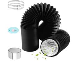 PromoHome Afvoerslang 125mm diameter 6m PVC Flexibele Aluminium Pijpslang met 2 RVS Slangklemmen en Aluminiumfolie Tape voor Airconditioners Wasdroger Afzuigkap - Zwart