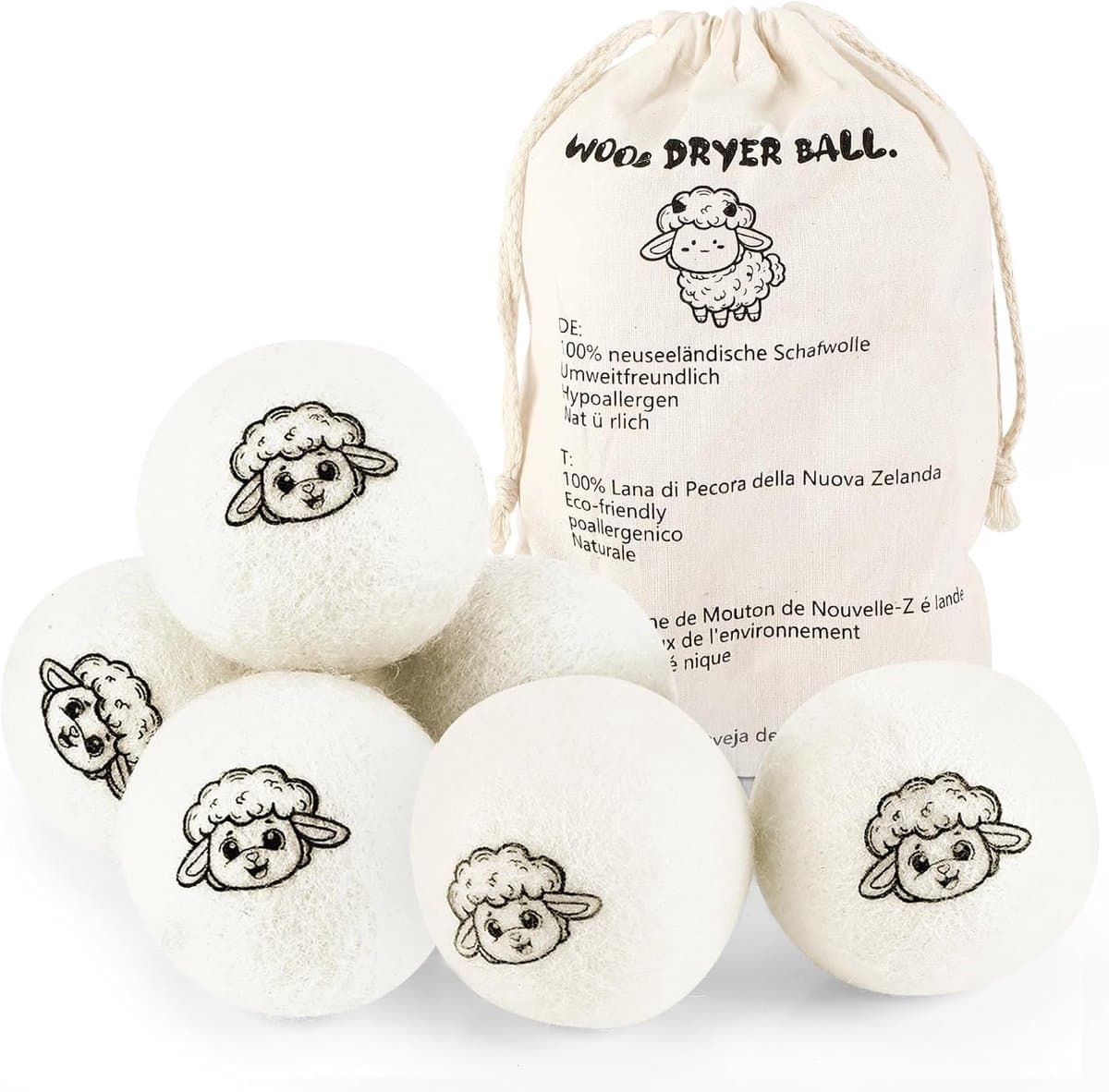 Drogerballen voor wasdroger, 100% hypoallergeen, wasballen voor dons | Set van 6, Nieuw-Zeelandse woldroger, natuurlijke wasverzachter, wasverzachter voor zacht en wollig wassen, met opslag — afbeelding 1