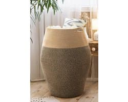 Gevlochten Wasmand 65cm Hoog - Grote Opbergmand van Katoen & Jute - Opvouwbaar - Zwart/Jute