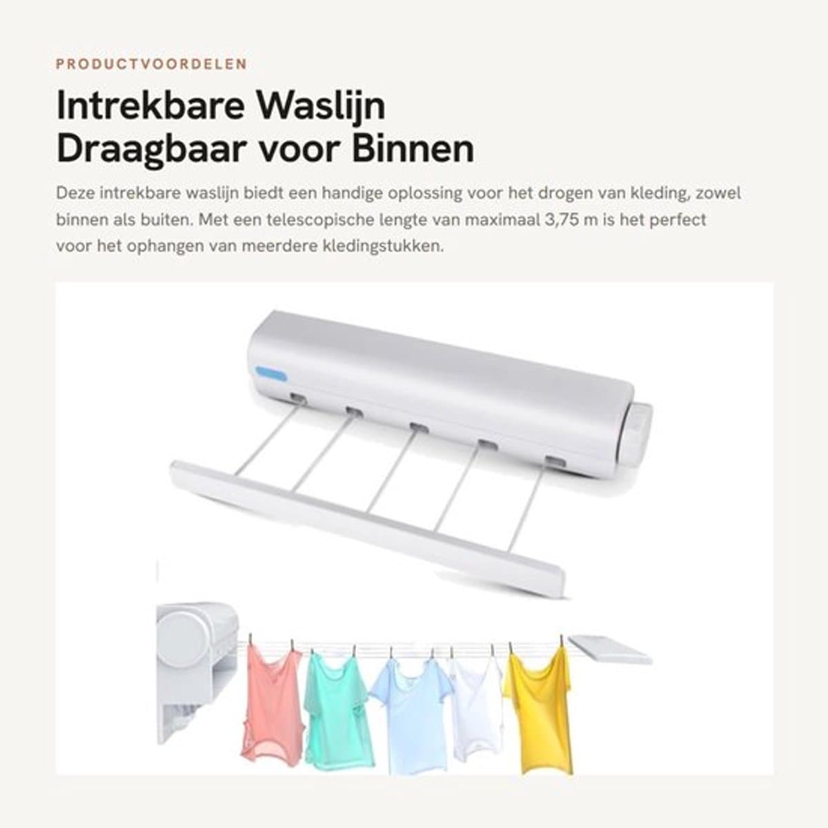 Waslijn Uittrekbaar 3,75 m - Wanddroogrek - Draagbare Waslijn - Ruimtebesparend - Multifunctioneel Ontwerp - Eenvoudige Installatie - Drooglijn — afbeelding 1