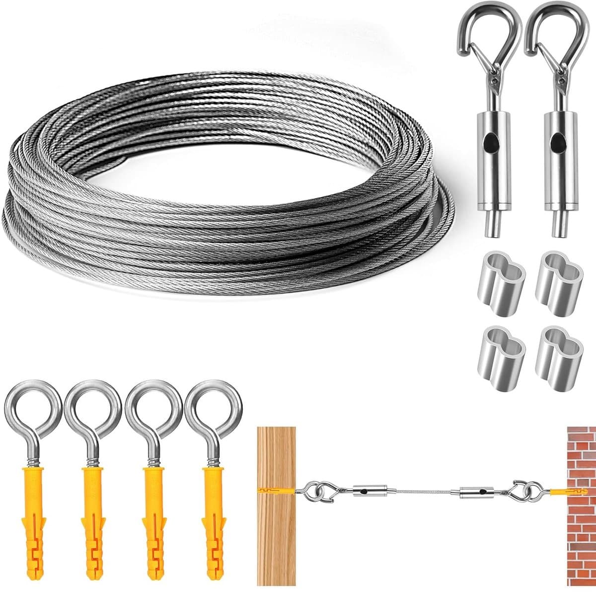 SnelShoppen - 8M/2mm Stalen Kabel, Verstelbare Stalen Touw met Oogjes, Beschermde Tensioner, Bekleed Klimtouw, 8 Meter Verstelbaar voor Gordijn, Wasli — afbeelding 1