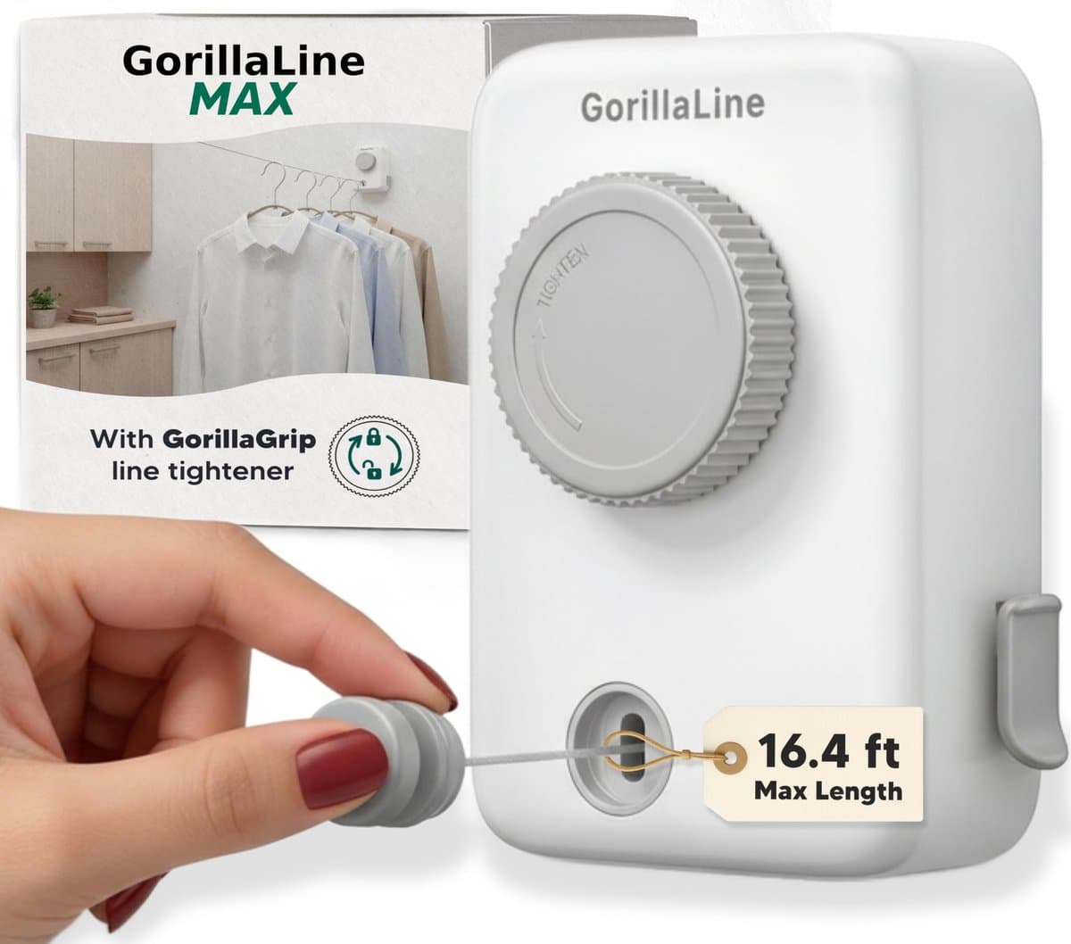 SnelShoppen - GorillaLine Max Intrekbare Waslijn voor Binnen en Buiten | Heavy Duty Wandmontage Kledinglijn met GorillaGrip Technologie | Ruimtebespar — afbeelding 1