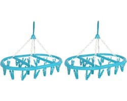 Blauw droogcarrousel met 20 knijpers - 2x - lichtgewicht - kunststof - 41x32 cm - ideaal voor sokken en ondergoed