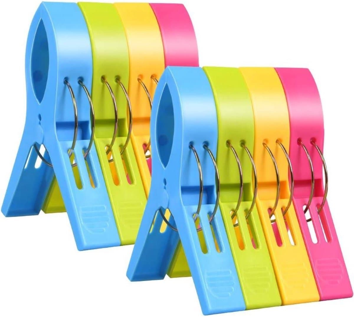 GELLDG Large clothespins and towel clips - Pack of 8 - Suitable for the beach and sun loungers - Can be used to clip laundry clothes, beach towels, bath towels, and rugs - Colored — afbeelding 1