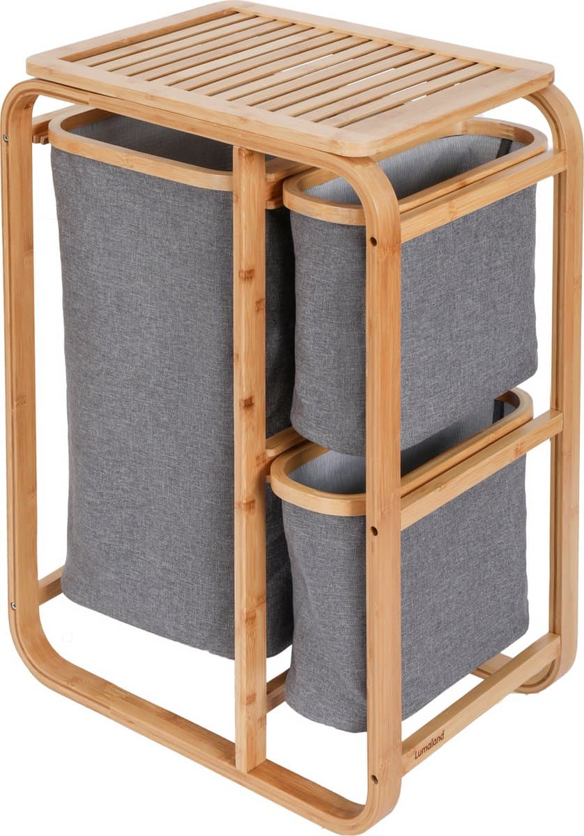Lumaland Wasmand van bamboe - 1 XL vak + 2 compacte vakken 49,5 x 33 x 71 cm grijs — afbeelding 1